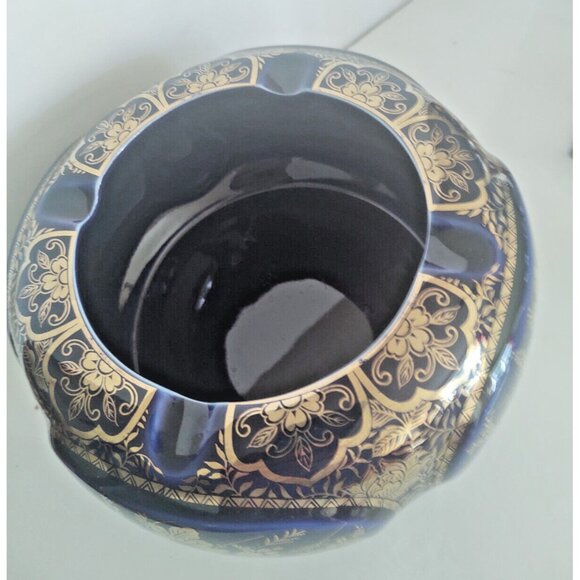 Large Vintage Andrea by Sadek Ceramic Gold & Blue Floral Ashtray 7" - Picture 9 of 16